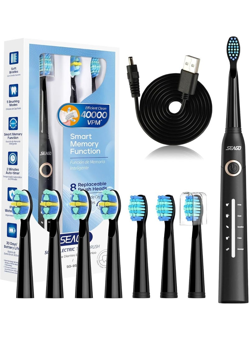 سيجو فرشاة أسنان كهربائية من سيجو للبالغين، بثمانية رؤوس وخمسة أوضاع، فرشاة أسنان صوتية قابلة لإعادة الشحن، شحنة واحدة تكفي لمدة 30 يومًا، مع مؤقت دقيقتين، SG958 (أسود) - Image 1