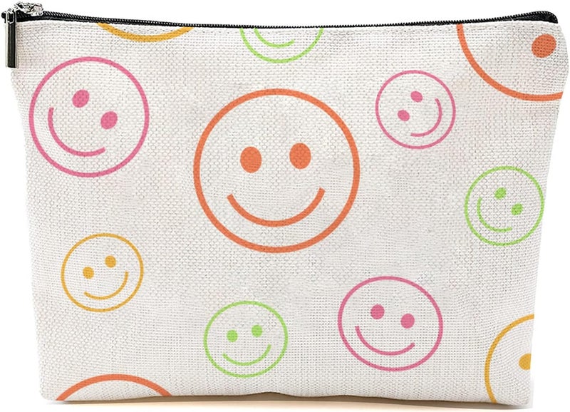 FATHER.SON Smile Face Makeup Bag, Cosmetic Bags for Women Girls, Large Capacity Linen Aesthetic Organizer Bag Zipper Pouch for Toiletry Travel (#3 smile)