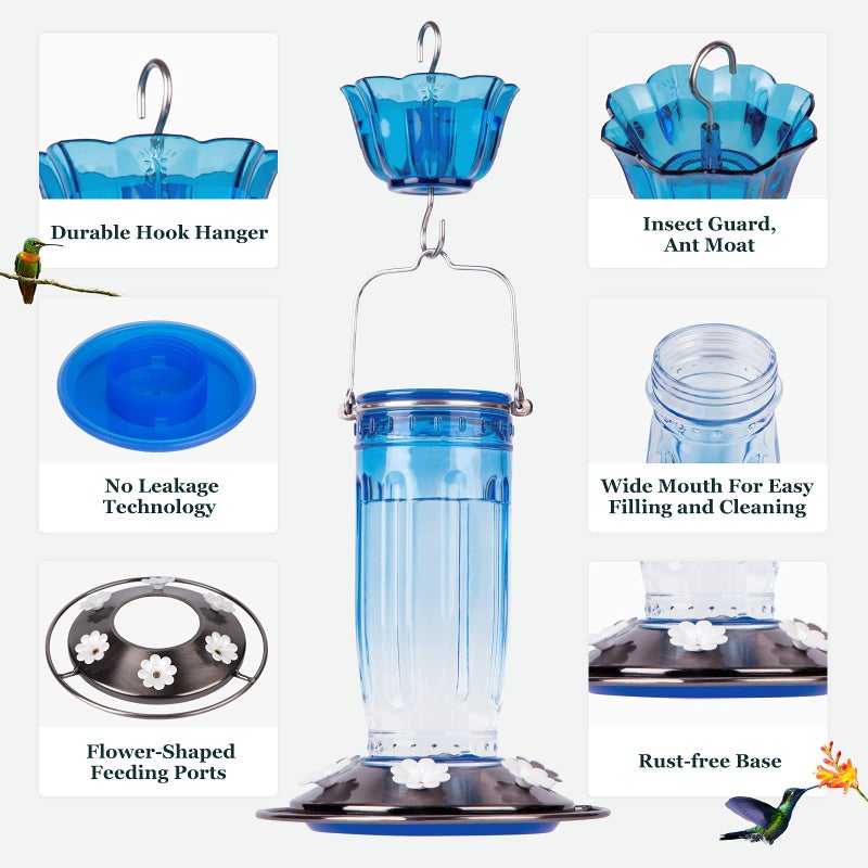 Kingsyard Glass Hummingbird Feeder for Outdoors Wild Bird Feeder with 6 Feeding Ports Hanging for Garden Yard, Blue (Ant Moat Included) - Image 3