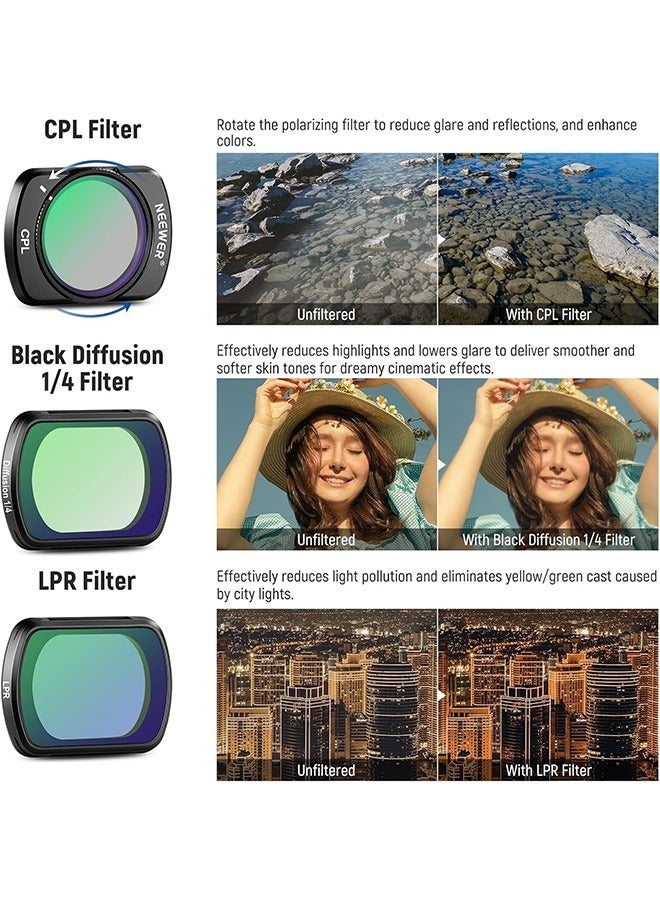 NEEWER Magnetic ND & CPL & Effect Filter Set for DJI OSMO Pocket 3, 14 Pack HD CPL ND8 ND16 ND32 ND64 ND128 ND256 ND1000 ND8/PL ND16/PL ND32/PL ND64/PL Light Pollution Reduction, Black Diffusion 1/4 - Image 5