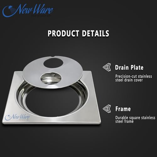 NEW WARE Steel Jali of 5x5 inches Bathroom Floor Drain with Trap – Double Hole Design for Fast Water Flow Anti-Clog, Rust-Resistant, Chrome Finish Universal Size Drain Cover - Image 2