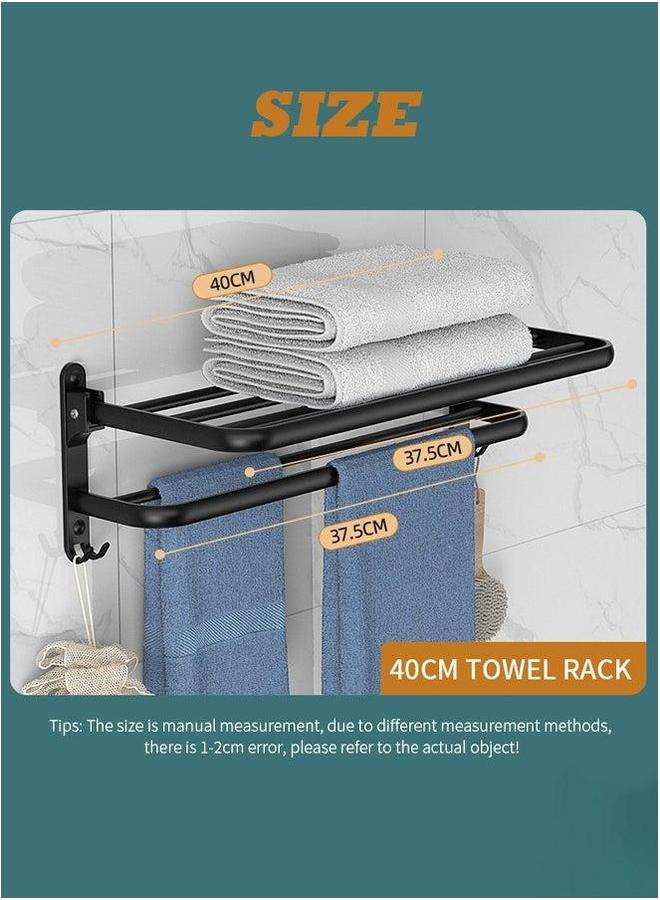 HOMESTAR 40 CM Towel Rack with Bar Holder Foldable Shelf Hooks Rustproof Storage Wall Mount for Bathroom Lavatory Matte Black  - Image 2