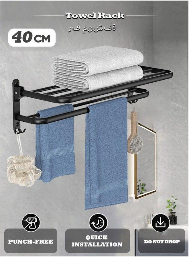 HOMESTAR 40 CM Towel Rack with Bar Holder Foldable Shelf Hooks Rustproof Storage Wall Mount for Bathroom Lavatory Matte Black  - Image 1