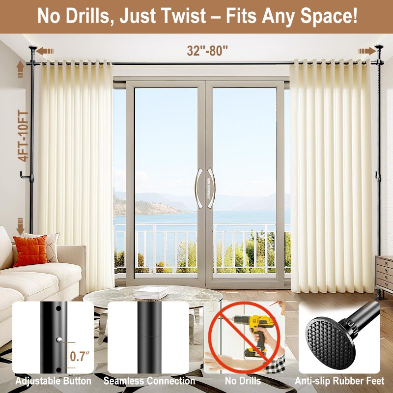 SIBRAD Seamless Room Divider Curtain Rod - No Drilling Space Partition Adjustable Privacy Separator 4-10ft(H) 32-80inch(W) Heavy Duty Temporary Wall Divider Floor to Ceiling Tension Rod, Black - Image 5