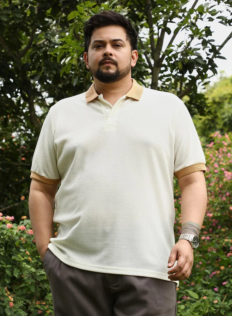 Instafab Plus Instafab Plus Men Block Textured-Knit Polo T-Shirt | Jacquard Polo Neck , Short Cuff Sleeves | Half-Button , Straight Hem | Colourblock Jacquard | Knit Fabric For Casual & Daily Wear | Peach & White