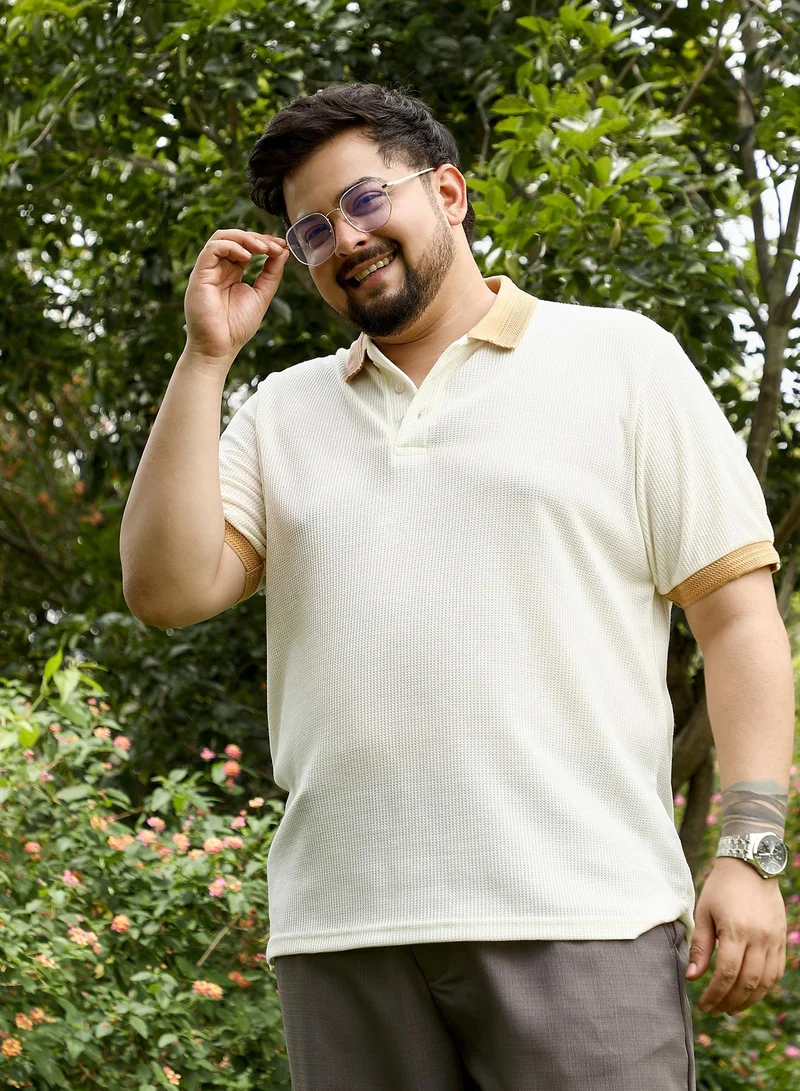 Instafab Plus Instafab Plus Men Block Textured-Knit Polo T-Shirt | Jacquard Polo Neck , Short Cuff Sleeves | Half-Button , Straight Hem | Colourblock Jacquard | Knit Fabric For Casual & Daily Wear | Peach & White