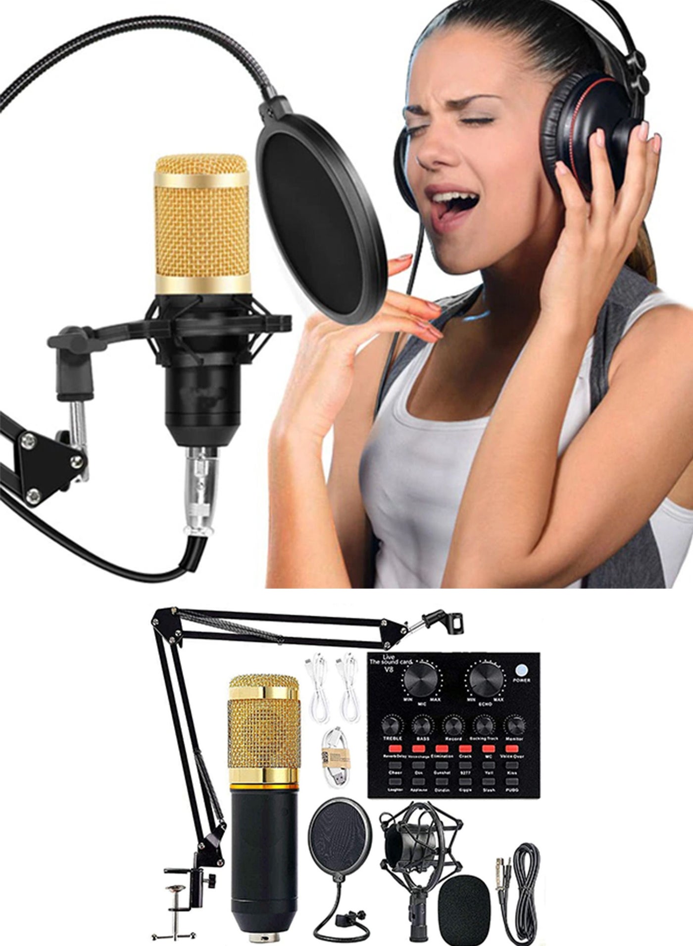 Podcast Condenser Microphone Bundle with v8 Sound Card/Condenser Studio Microphone for Laptop Computer Vlog Living Broadcast Live Streaming