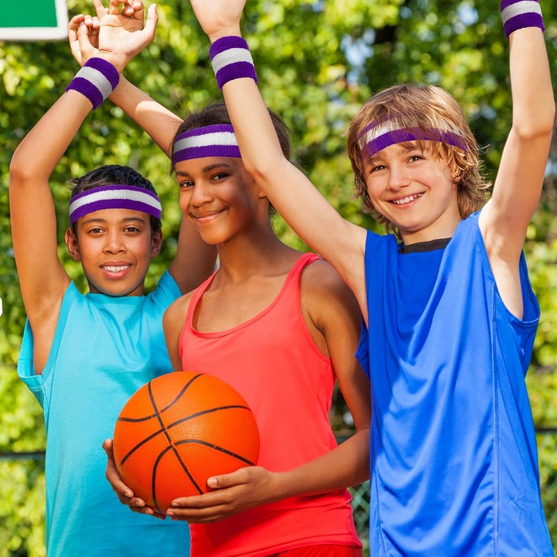 Bememo 6 Pcs Neon Sweatbands Set for Men Women 80s Tennis Striped Headband Sports Wristband Set Costumes Glow Cosplay Party - Image 5