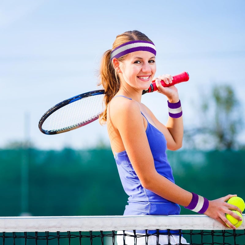 Bememo 6 Pcs Neon Sweatbands Set for Men Women 80s Tennis Striped Headband Sports Wristband Set Costumes Glow Cosplay Party - Image 4