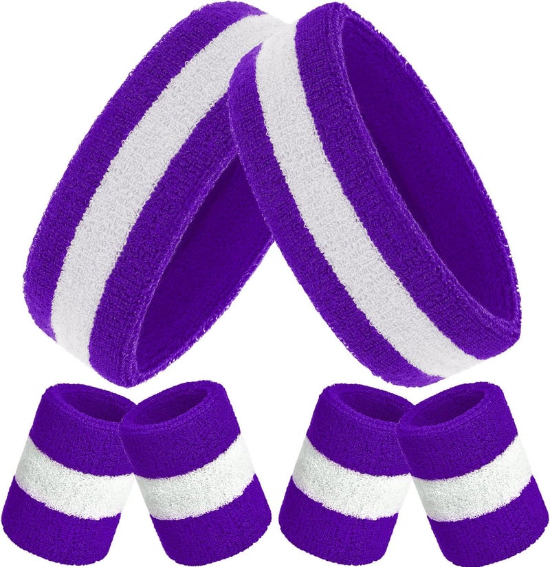 Bememo 6 Pcs Neon Sweatbands Set for Men Women 80s Tennis Striped Headband Sports Wristband Set Costumes Glow Cosplay Party - Image 1