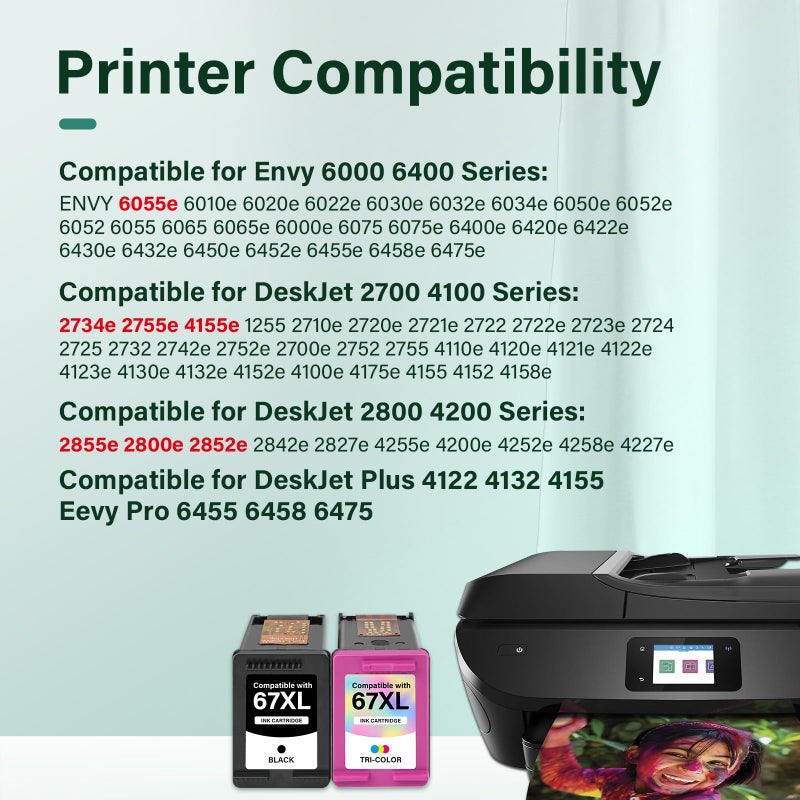 Cool Toner 67XL 67 XL 6055e 2755e 2800e 2855e 6000 Ink Cartridges Black/Color Combo Pack Compatible for HP Printer DeskJet 6055e 2700 4155e 4255e 4100 2700e 2734e 2800 2852e Envy 6055e 6455e 6400 Series (2-Pack) - Image 2