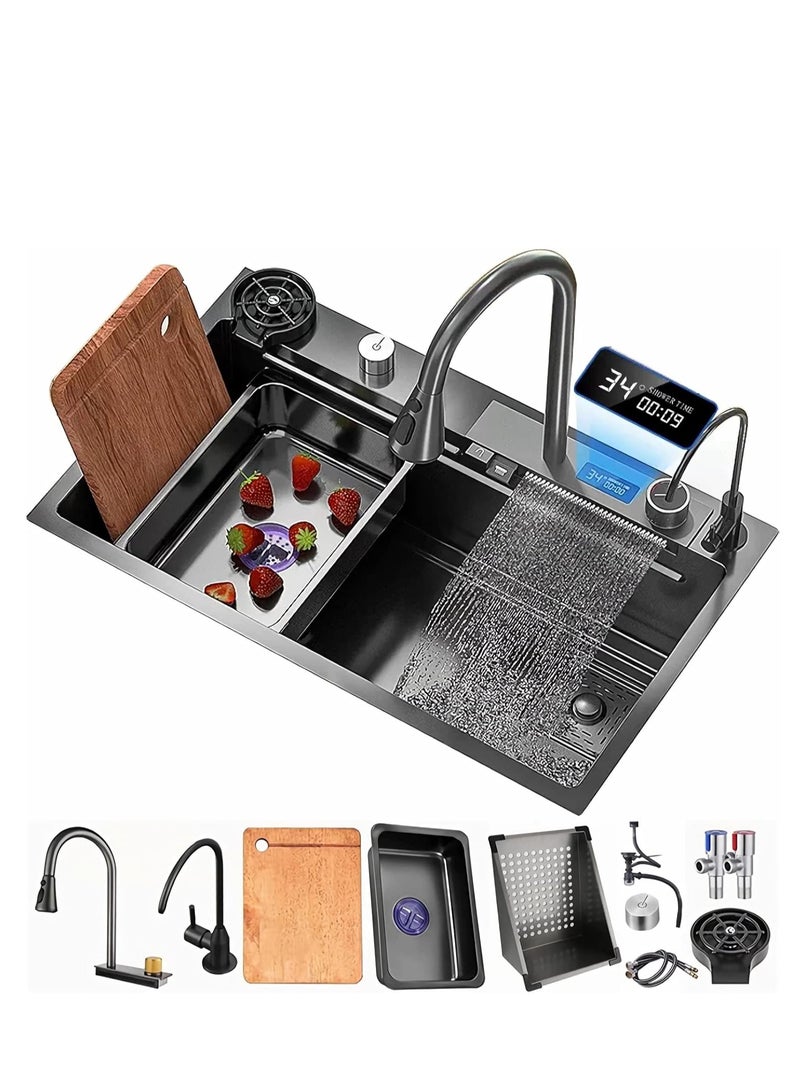 ULHYC Kitchen Sink Flying rain Waterfall Stainless Steel Undermount Kitchen Sink Drop In Kitchen Sink Single Bowl, With LED digital display screen, handwheel thermostat switch - Image 1
