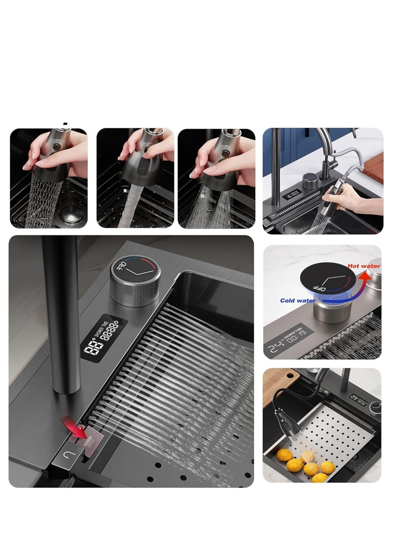 ULHYC Kitchen Sink Flying rain Waterfall Stainless Steel Undermount Kitchen Sink Drop In Kitchen Sink Single Bowl, With LED digital display screen, handwheel thermostat switch - Image 3