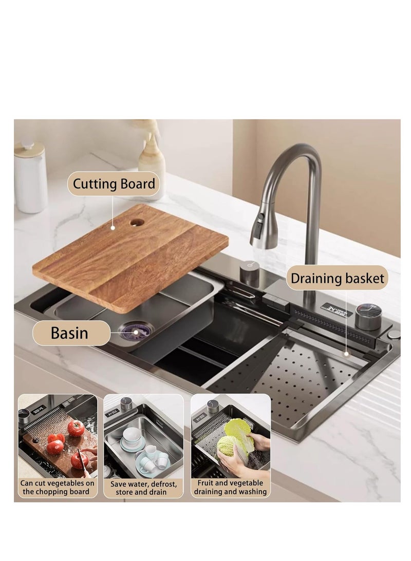 ULHYC Kitchen Sink Flying rain Waterfall Stainless Steel Undermount Kitchen Sink Drop In Kitchen Sink Single Bowl, With LED digital display screen, handwheel thermostat switch - Image 4
