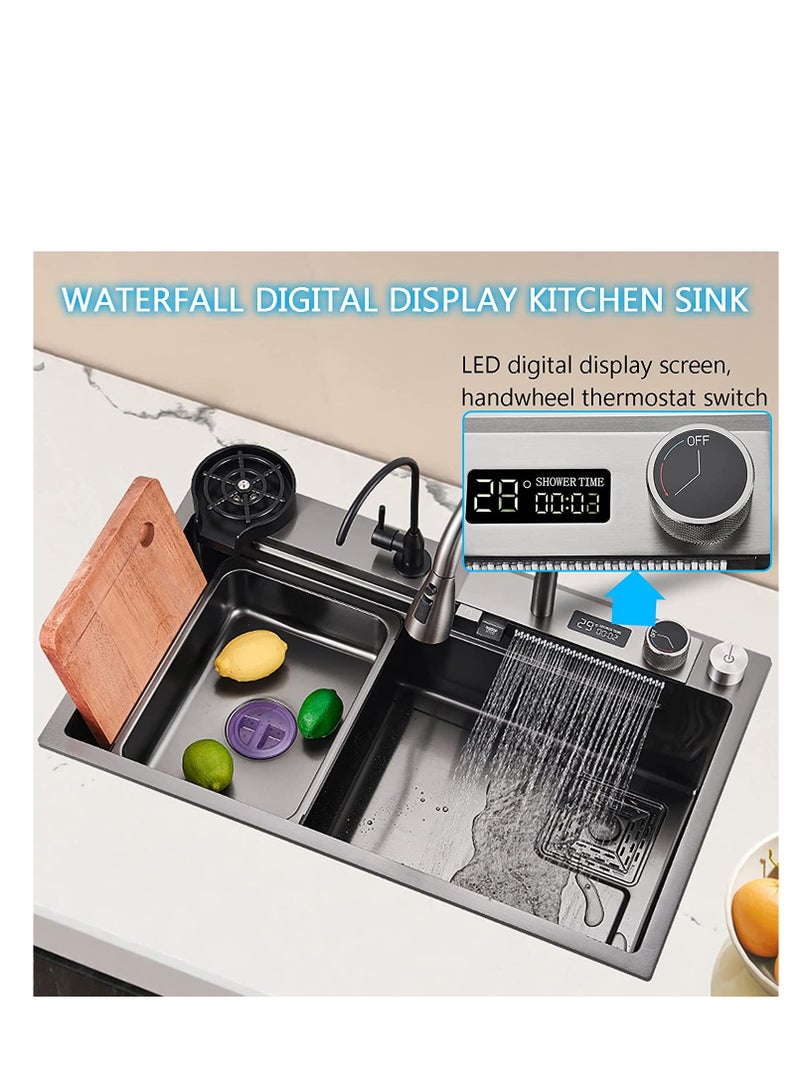 ULHYC Kitchen Sink Flying rain Waterfall Stainless Steel Undermount Kitchen Sink Drop In Kitchen Sink Single Bowl, With LED digital display screen, handwheel thermostat switch - Image 2