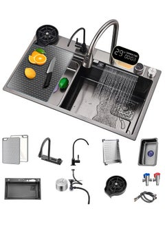 ULHYC Kitchen Sink Flying rain Waterfall Stainless Steel Undermount Kitchen Sink Drop In Kitchen Sink Single Bowl, With LED digital display screen, handwheel thermostat switch  - Image 1