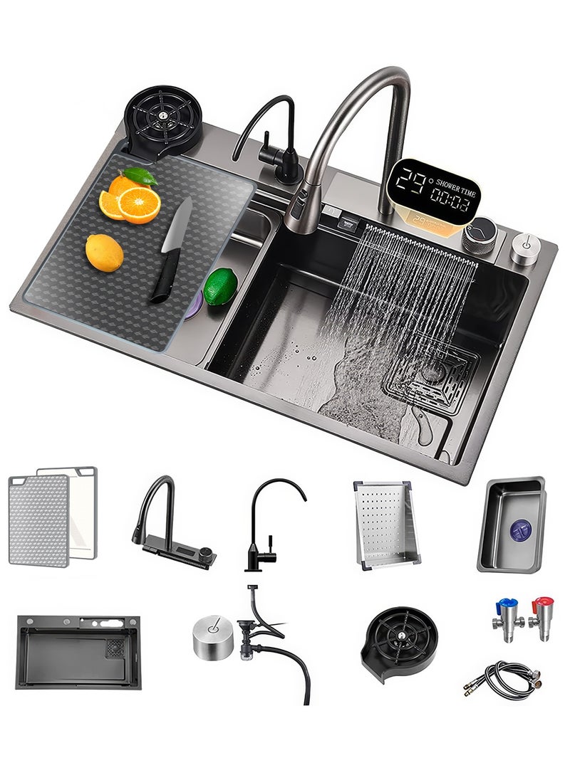 ULHYC Kitchen Sink Flying rain Waterfall Stainless Steel Undermount Kitchen Sink Drop In Kitchen Sink Single Bowl, With LED digital display screen, handwheel thermostat switch  - Image 1