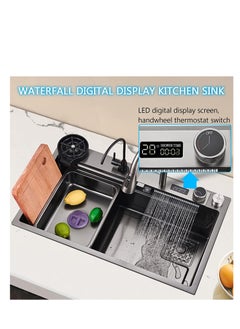 ULHYC Kitchen Sink Flying rain Waterfall Stainless Steel Undermount Kitchen Sink Drop In Kitchen Sink Single Bowl, With LED digital display screen, handwheel thermostat switch  - Image 2
