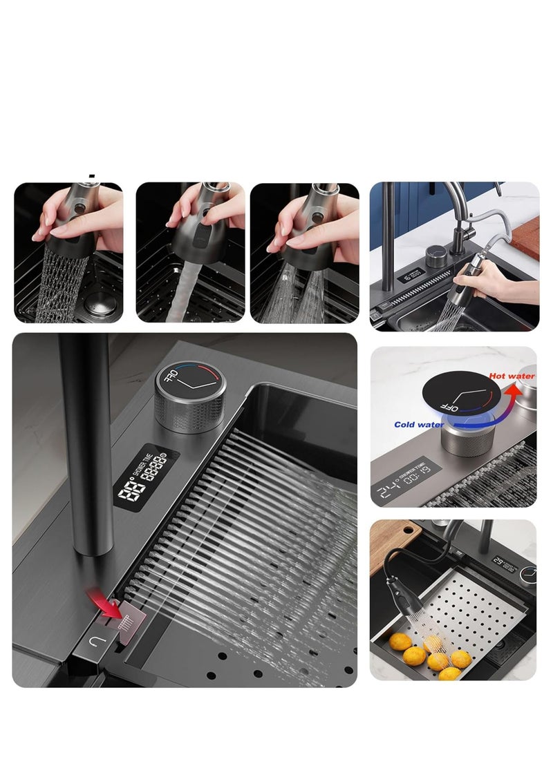 ULHYC Kitchen Sink Flying rain Waterfall Stainless Steel Undermount Kitchen Sink Drop In Kitchen Sink Single Bowl, With LED digital display screen, handwheel thermostat switch  - Image 3