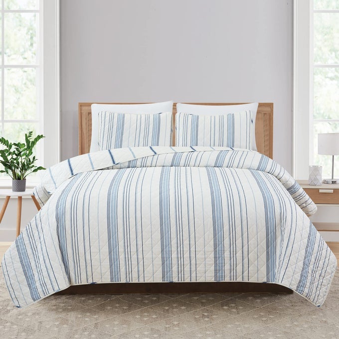 MARKET PLACE 2 PIECE REVERSIBLE QUILT SET WITH SHAM ALLSEASON SOFT LIGHTWEIGHT BEDSPREAD WITH MODERN STRIPED PATTERN SOFIA COLLECTION TWIN IVORYBLUE