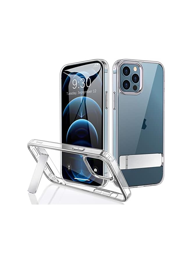 جي تيك حافظة JETech لهاتف iPhone 12 Pro Max مقاس 6.7 بوصة مع حامل، تدعم الشحن اللاسلكي، غطاء هاتف نحيف مقاوم للصدمات، مسند معدني ثلاثي الاتجاهات (شفاف) - Image 1