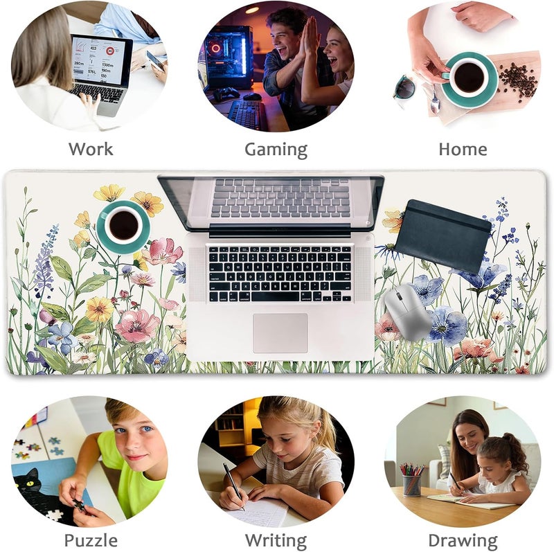 LIMKRIAN Flower Mouse Pad Large Desk Mat Pad, XL Computer Mousepad with Stitched Edges Non-Slip, Keyboard Mouse Pad for Desktop Laptop Work Home Cute Office Supplies Desk Accessories 31.5x11.8 in - Image 3