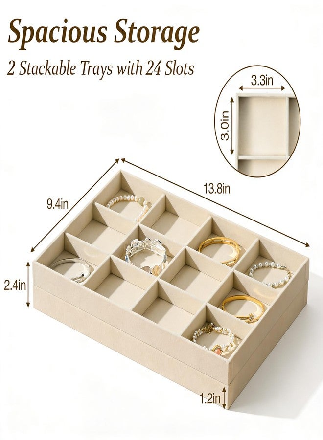pickpiff Drawer Jewelry Organizer & Display Trays: 2pcs 12grid Velvet Stackable Jewelry Case (13.8x9.4x1.2inch) - Soft Beige Necklace Holder Bracelet Display Watch Box - Image 2
