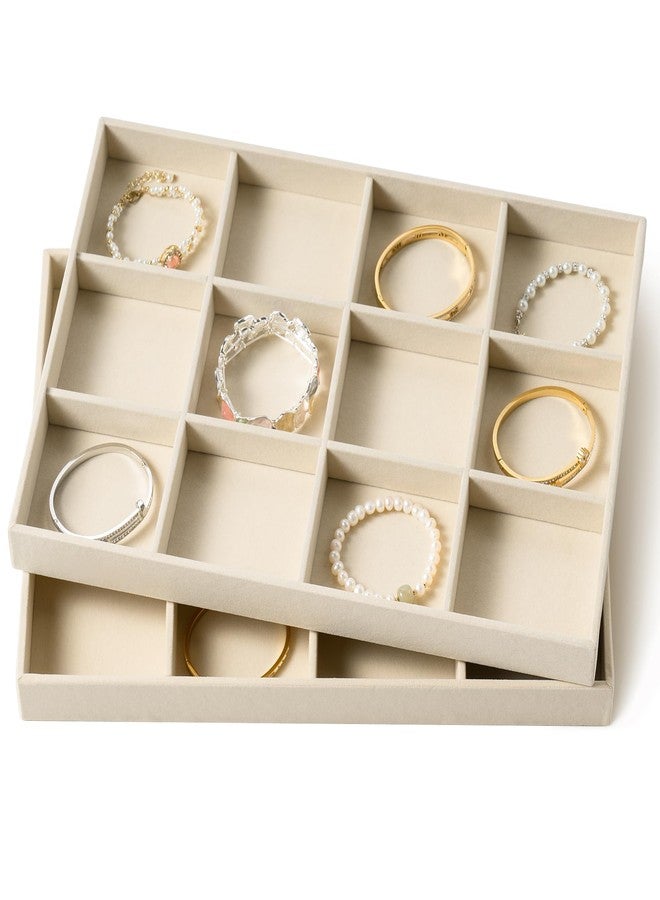 pickpiff Drawer Jewelry Organizer & Display Trays: 2pcs 12grid Velvet Stackable Jewelry Case (13.8x9.4x1.2inch) - Soft Beige Necklace Holder Bracelet Display Watch Box - Image 1