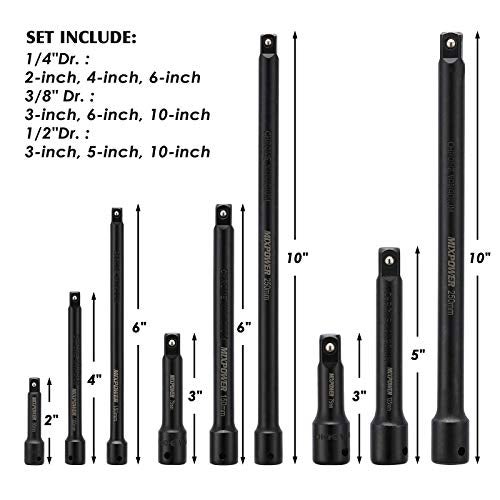 MIXPOWER 9-Piece Extension Bar Set, 1/4", 3/8" and 1/2" Drive Socket Extension, Premium Chrome Vanadium Steel with Black Phosphate Finish, Engineered for Impact Drivers - Image 4