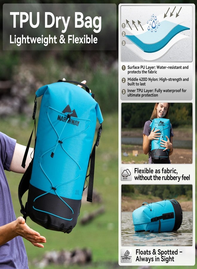 MARCHWAY Floating Roll Top Dry Bag, Flexible Lightweight TPU Waterproof Backpack 20L/30L/40L with Padded Straps for Boating, Kayaking, Swimming, Hiking, Beach (Blue, 30L) - Image 2