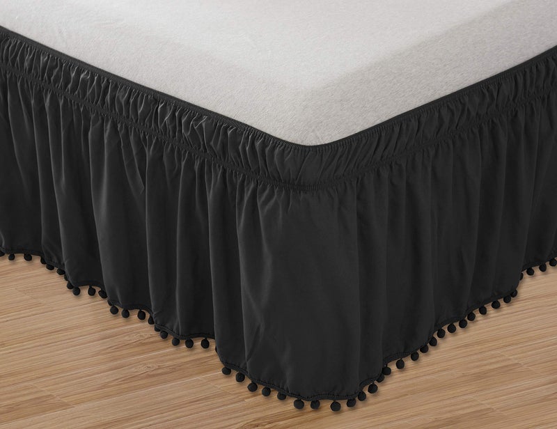 Elegant Comfort Top-Knot Tassle Pompom Fringe Ruffle Skirt Around Style Elastic Bed Wrap- Wrinkle Resistant 16 inch Drop, Queen/King, Black - Image 2