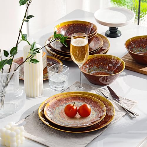 FINE&NICE Melamine Dinnerware Set of 12Pcs, Dish Set for 4, Lightweight Unbreakable Plate and Bowl Set for Patio, RV and Camping, Dishwasher Safe,Rusty Brown - Image 5