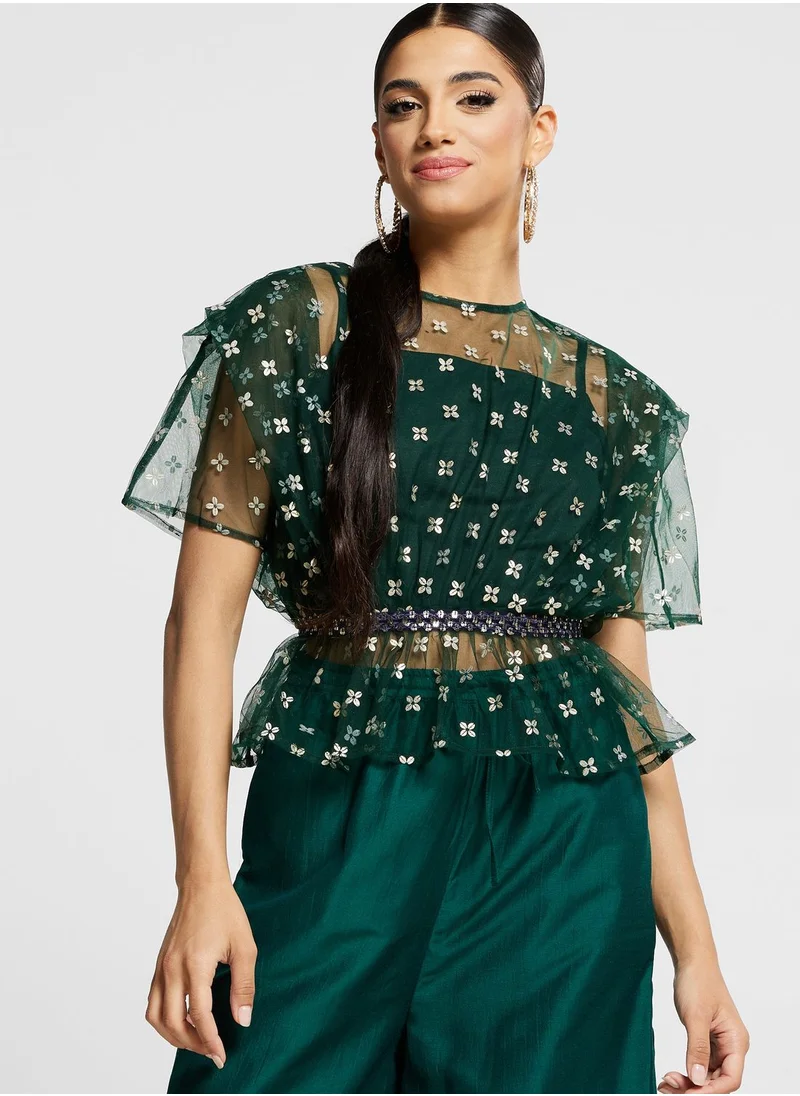 indya Foil Print Mesh Detail Top