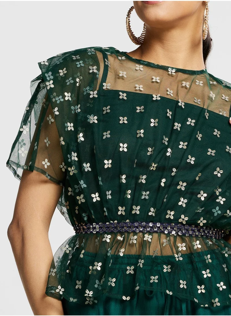 indya Foil Print Mesh Detail Top