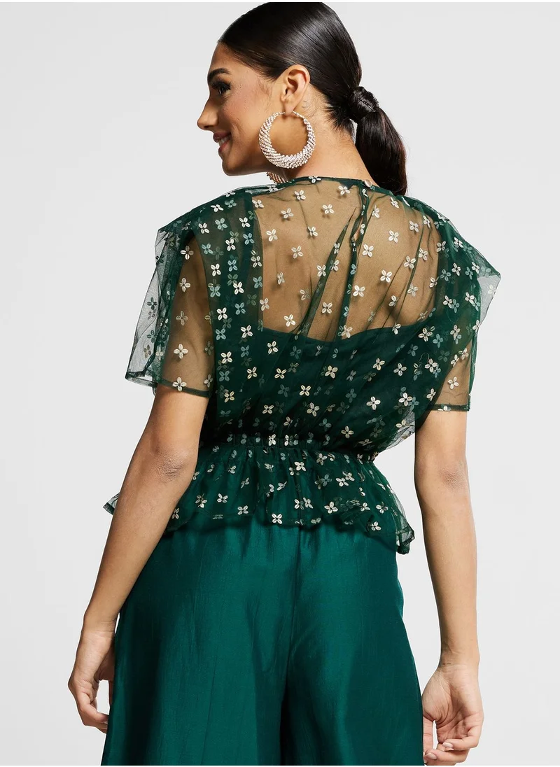 indya Foil Print Mesh Detail Top