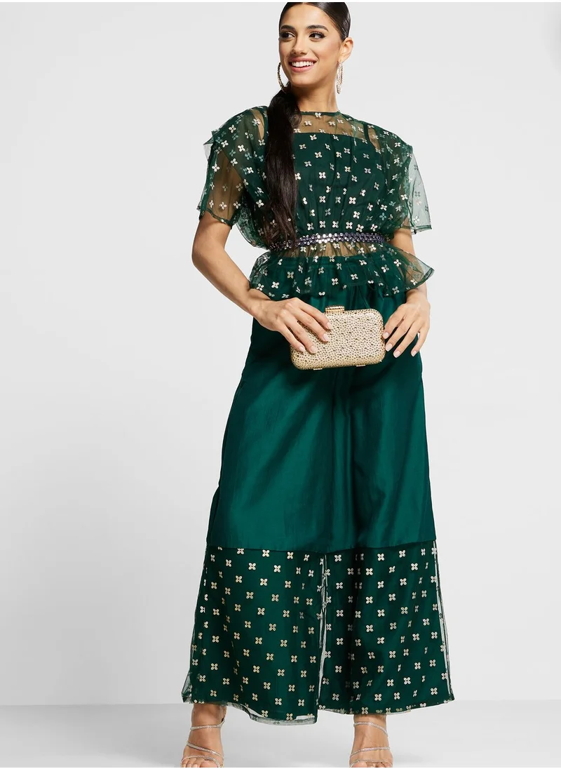 indya Foil Print Mesh Detail Top
