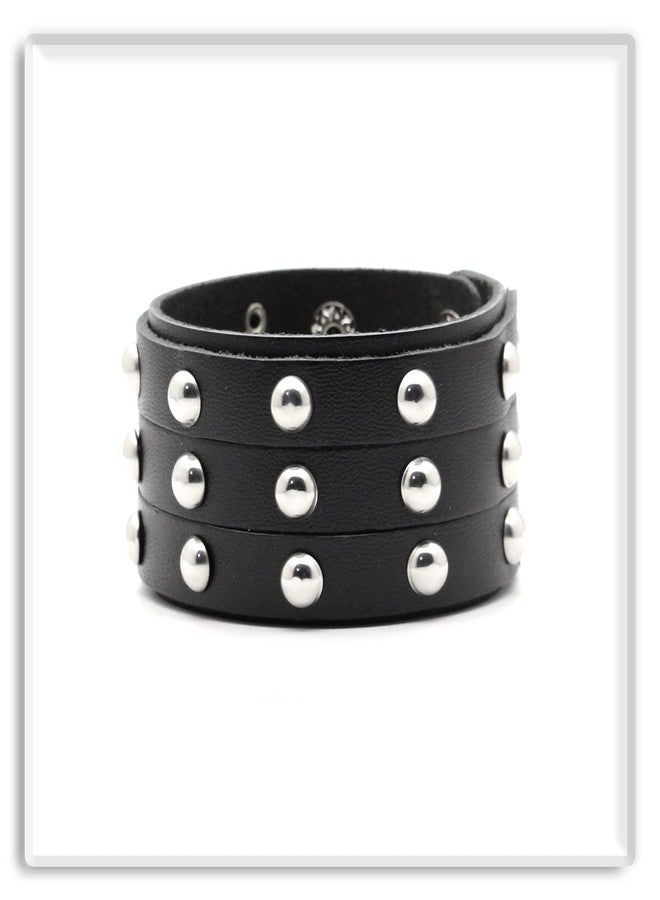 اكسوسامس سوار معصم عريض من الجلد الأسود بتصميم بانك روك بثلاثة صفوف من المسامير (Xusamss) - Image 2