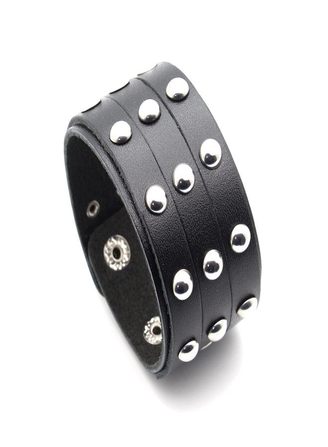 اكسوسامس سوار معصم عريض من الجلد الأسود بتصميم بانك روك بثلاثة صفوف من المسامير (Xusamss) - Image 1