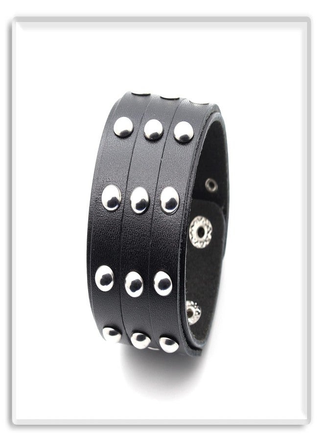 اكسوسامس سوار معصم عريض من الجلد الأسود بتصميم بانك روك بثلاثة صفوف من المسامير (Xusamss) - Image 5