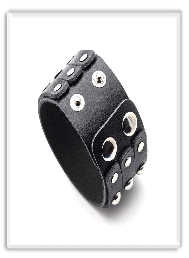 اكسوسامس سوار معصم عريض من الجلد الأسود بتصميم بانك روك بثلاثة صفوف من المسامير (Xusamss) - Image 3