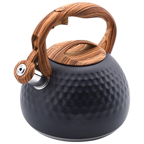 Foedo Tea Kettle Stovetop 32 Qt Stainless Steel Whistling Kettle for Stove Top Food Grade Teapot with Wood Pattern Handle for Coffee Milk etc Gas Electric Applicable Black
