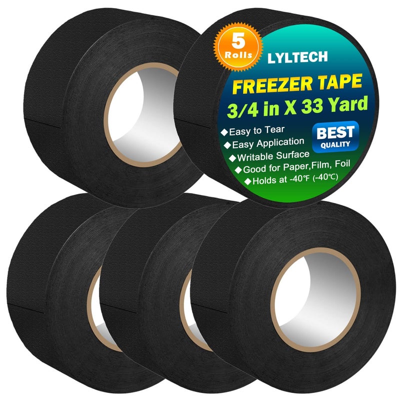 LYLTECH Black Freezer Tape 5 Rolls -165 Yard,Writable Surface,Easy to Tear, Low Temperature Resistance,Residue-Free Removal, Each Roll 3/4 in x 33Yard - Image 1