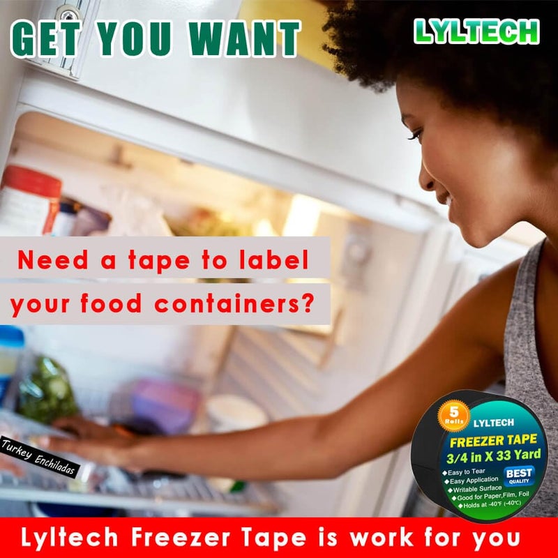 LYLTECH Black Freezer Tape 5 Rolls -165 Yard,Writable Surface,Easy to Tear, Low Temperature Resistance,Residue-Free Removal, Each Roll 3/4 in x 33Yard - Image 2