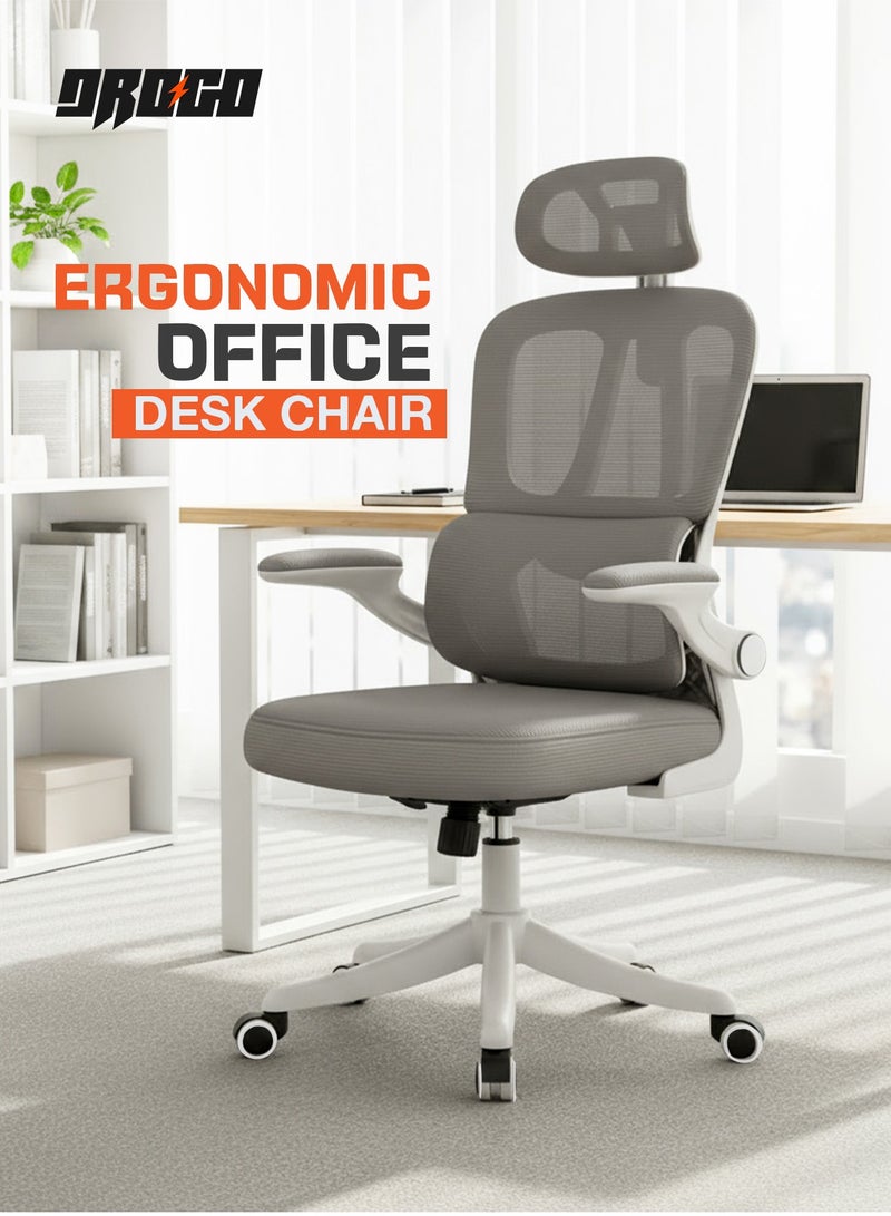 DROGO Premium Ergonomic Office Chair for Work from Home, High Back Computer Chair with Breathable Mesh, Flip-up Armrest, Adjustable Headrest, Recline, Adjustable Seat & Lumbar Support | Mesh Chair for Office Grey/White - Image 2