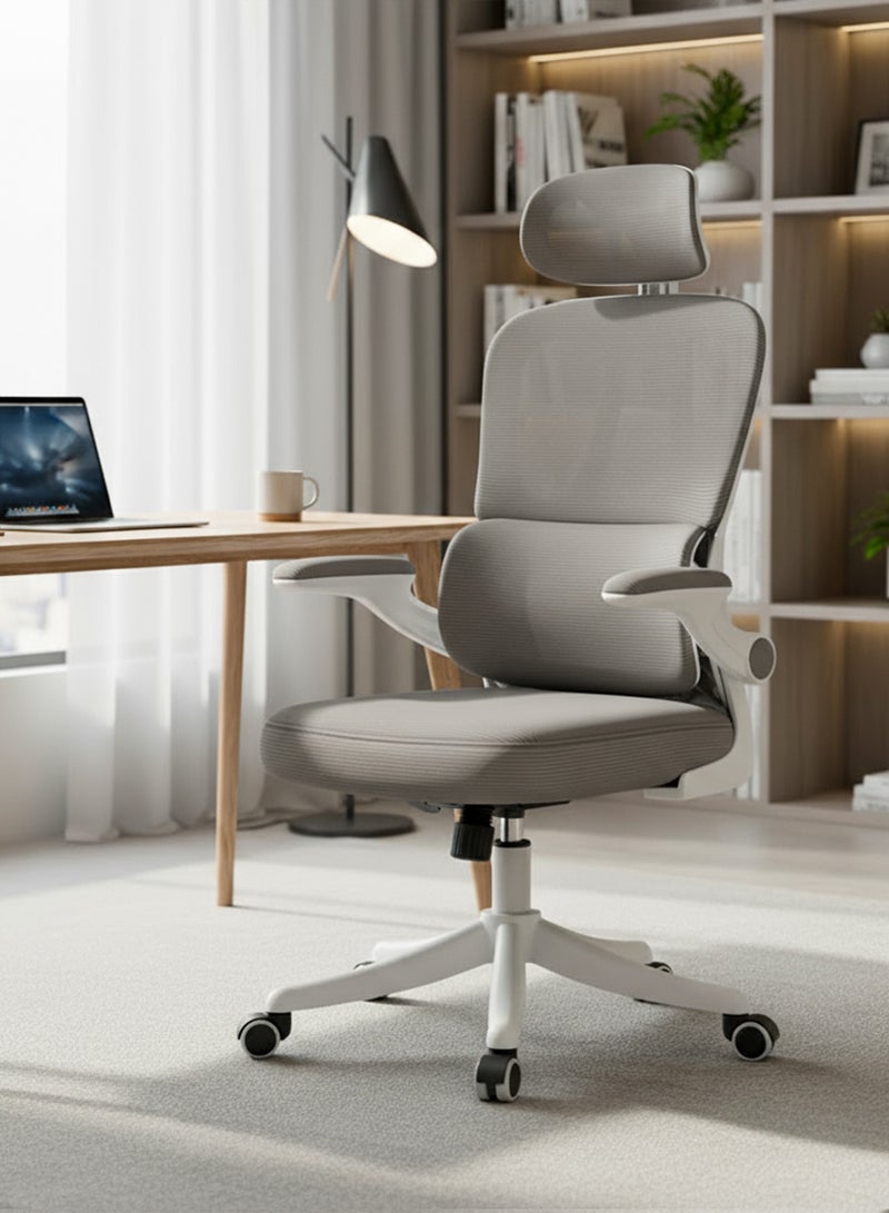 DROGO Premium Ergonomic Office Chair for Work from Home, High Back Computer Chair with Breathable Mesh, Flip-up Armrest, Adjustable Headrest, Recline, Adjustable Seat & Lumbar Support | Mesh Chair for Office Grey/White - Image 1