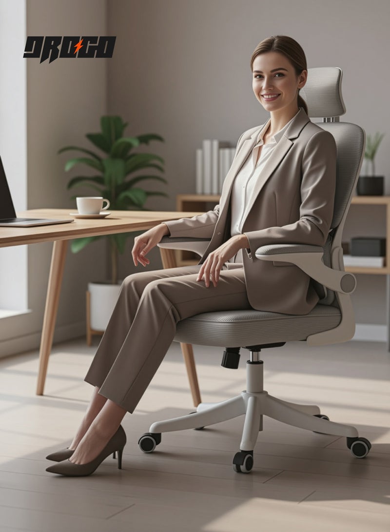 DROGO Premium Ergonomic Office Chair for Work from Home, High Back Computer Chair with Breathable Mesh, Flip-up Armrest, Adjustable Headrest, Recline, Adjustable Seat & Lumbar Support | Mesh Chair for Office Grey/White - Image 3