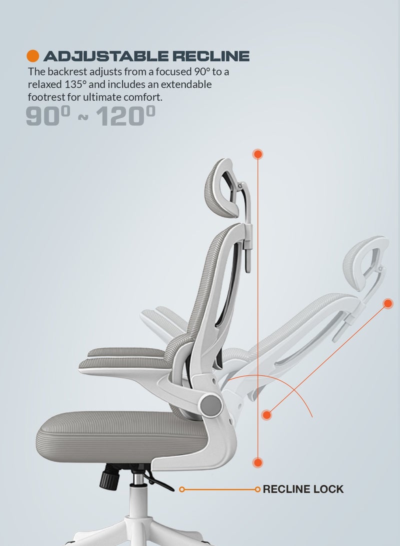 DROGO Premium Ergonomic Office Chair for Work from Home, High Back Computer Chair with Breathable Mesh, Flip-up Armrest, Adjustable Headrest, Recline, Adjustable Seat & Lumbar Support | Mesh Chair for Office Grey/White - Image 5