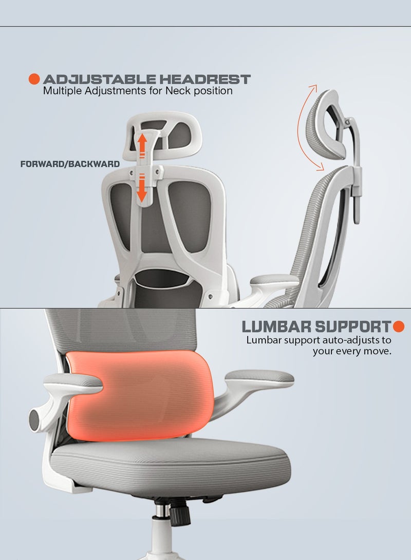 DROGO Premium Ergonomic Office Chair for Work from Home, High Back Computer Chair with Breathable Mesh, Flip-up Armrest, Adjustable Headrest, Recline, Adjustable Seat & Lumbar Support | Mesh Chair for Office Grey/White - Image 4