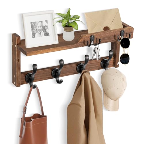dreampossible Coat Rack Wall Mount with Shelf, Coat Hanger Wall Mount with Key Hooks and Mail Holder, Wood Entryway Floating Shelf with Hooks and Storage, Hat Rack for Wall Key Holder Mail Organizer - Image 1