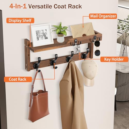 dreampossible Coat Rack Wall Mount with Shelf, Coat Hanger Wall Mount with Key Hooks and Mail Holder, Wood Entryway Floating Shelf with Hooks and Storage, Hat Rack for Wall Key Holder Mail Organizer - Image 4